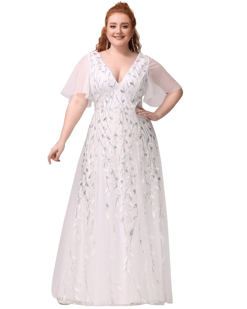 Front of a model wearing a size 18 V Neck Ruffle Sleeves Sequin Maxi Evening Dress in White by Ever-Pretty. | dia_product_style_image_id:285334
